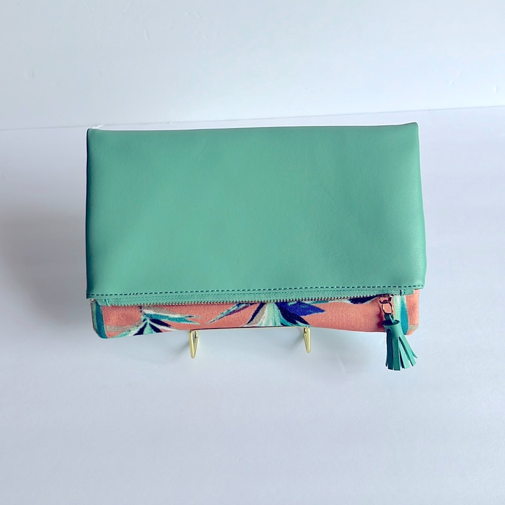 Rachel Pally Clutch Reversible Birds of Paradise Print Peach Mint Green